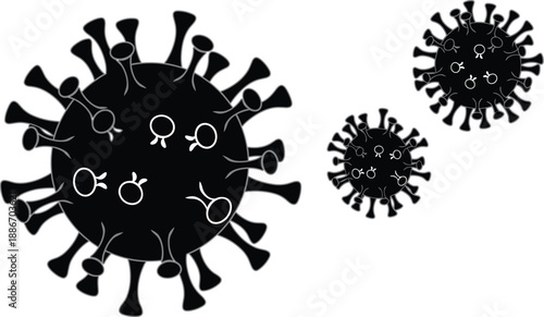 Black coronavirus particles silhouette icon set with three virus shapes, medical infection symbol for pandemic, disease and microbiology concept