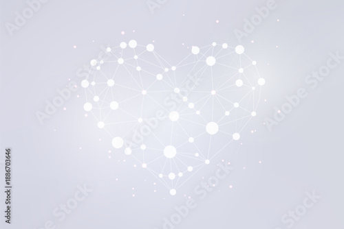 Abstract glowing heart made of connected lines and nodes on a gray and white gradient background. Futuristic digital love concept representing connection, romance, technology and Valentine’s Day.