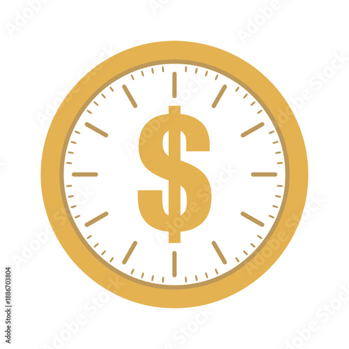 Yellow dollar sign inside clock face, financial timing concept, money and time illustration, business deadline, productivity, economic planning, vector icon, white background