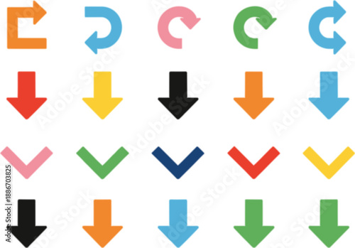 Colorful arrow icon set with curved refresh arrows, down arrows, and check marks in flat vector style