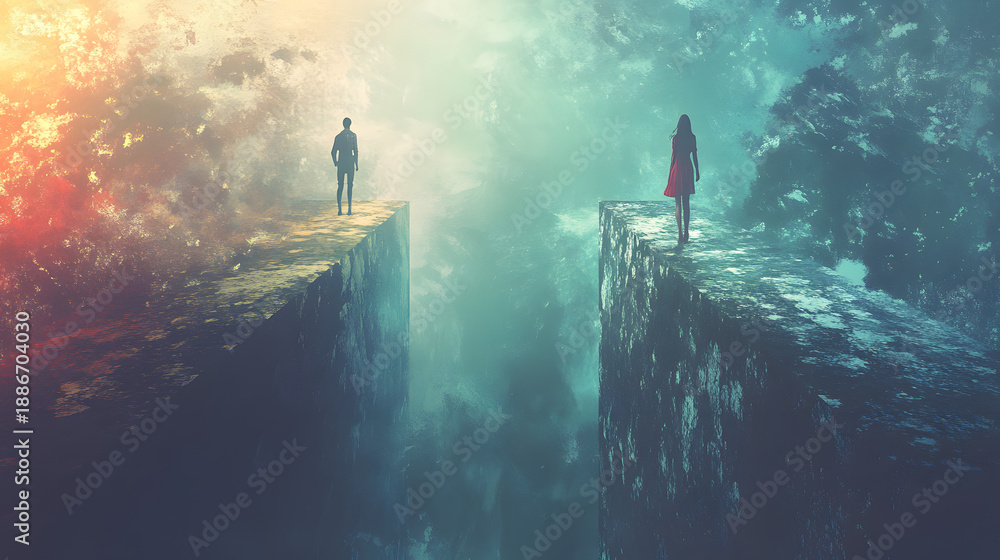 Fototapeta premium Man and woman standing on opposite cliff edges in mystical landscape