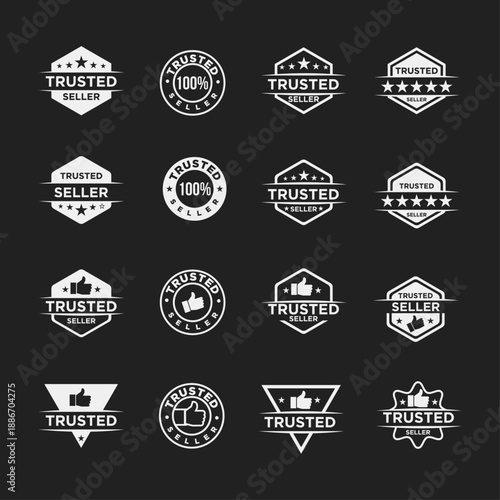 Collection of Trusted Seller Badges and Labels with Stars, Thumbs Up, and 100% Guaranteed Mark