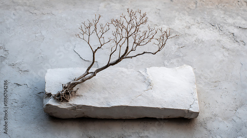 A stark, desiccated tree branch rests on a rough white stone pedestal against a textured gray wall, emphasizing minimalist decay and sculptural form.