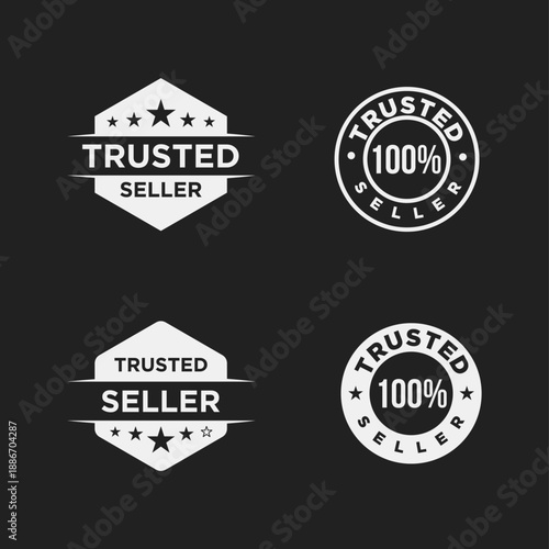 Set of Trusted Seller Badges, 100% Guarantee Labels, and Quality Icons with Stars on Black Background for E-commerce
