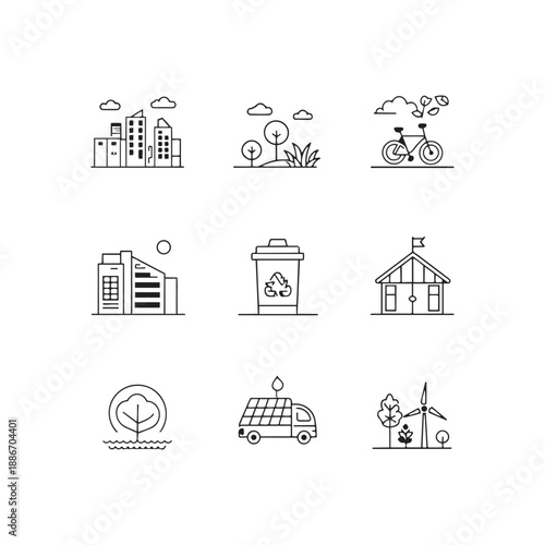 Eco City And Nature Icons Set: Urban, Park, Bicycle, Recycling, Home, Solar Van, Trees, Wind Turbine
