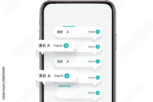 Smartphone screen with multilingual chat interface on white background