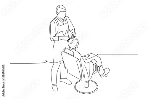 Man is cutting hair. Salon concept one-line drawing
