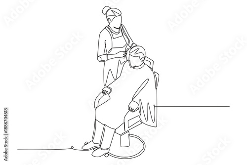 Man is cutting hair. Salon concept one-line drawing