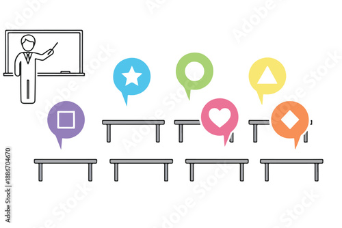 line drawing of a man presenting on a whiteboard with colorful speech bubbles and desks in a classroom setting