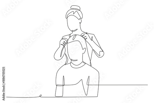 Woman is cutting hair. Salon concept one-line drawing