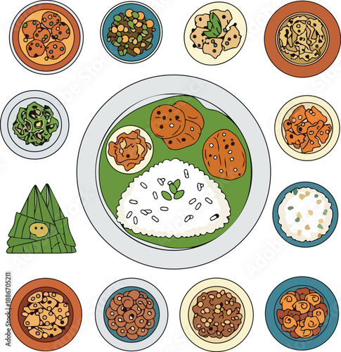 Assorted traditional Indian dishes arranged in various bowls around a central plate, featuring rice, lentils, and spicy accompaniments, in a graphic illustration style.