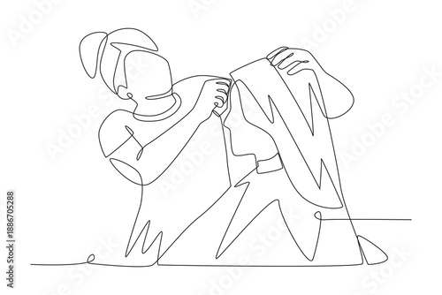 Woman is cutting hair. Salon concept one-line drawing