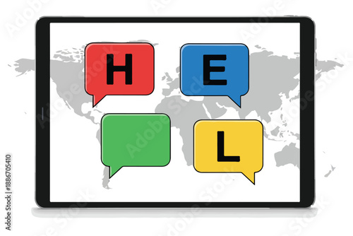 Tablet with colorful speech bubbles on world map background
