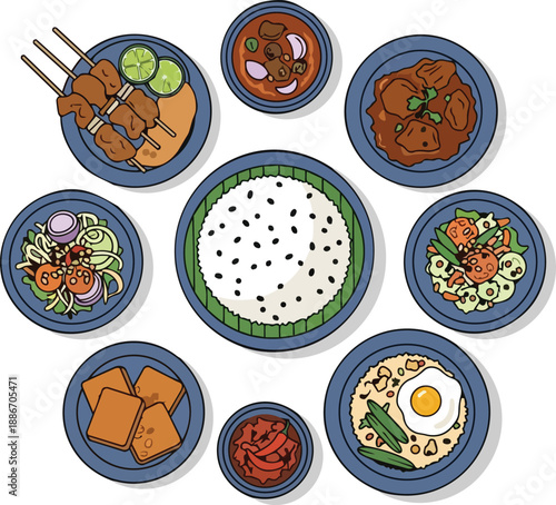 Assorted international dishes on multiple plates displayed together on a clean white surface