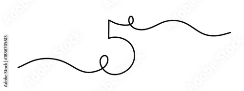 Number five one line art, hand drawn 5 fifth sign continuous drawing contour, numeric mathematical outline minimalist numeral digit symbol outline. Editable stroke. Isolated. Vector illustration