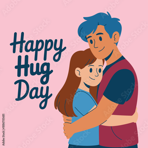 Couple Hugging with Happy Hug Day Text on Pink Background
