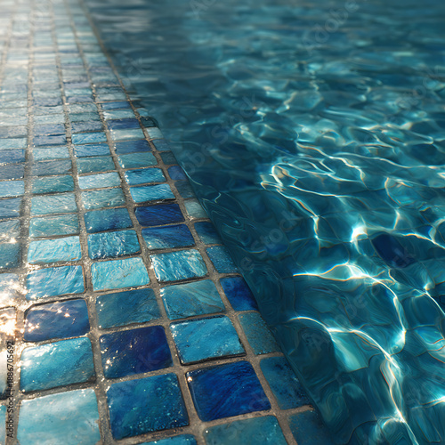 Opulent blue mosaic pool coping illuminated by bright sunlight, creating a textural contrast with the shimmering, abstract caustic patterns in the azure water.