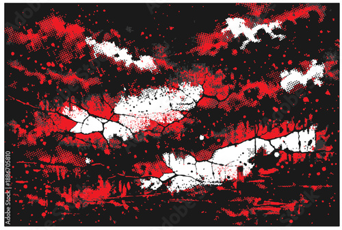 Bold, distressed grunge texture featuring red splatters, stark white cracks, and deep black shadows. Ideal for edgy posters, website backgrounds,