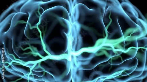 Abstract 3 d rendering of a human brain with glowing neural pathways
