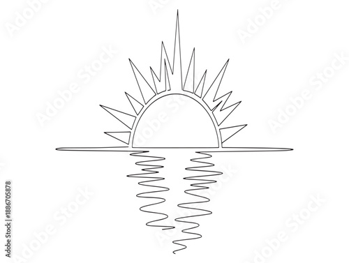 Minimalist sketch of a rising sun over the ocean horizon with delicate line work and a peaceful vibe