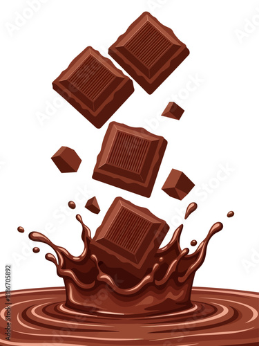 Four textured blocks of dark chocolate plunge into a rich, swirling vortex of melted cocoa, sending up a dramatic, glossy crown of liquid droplets in this celebration of sweet, decadent motion