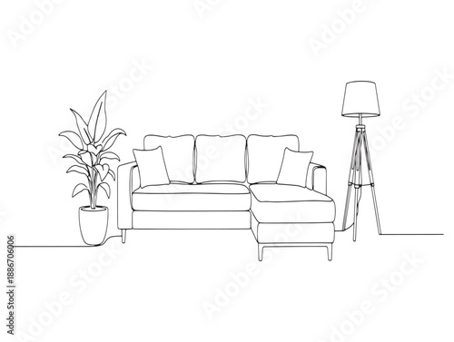Sketch of a modern sectional sofa with a floor lamp and potted plant in a living room