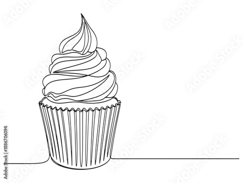 Hand drawn sketch of a frosted cupcake with a detailed wrapper on a white background