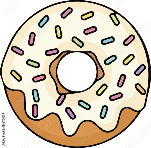 A delicious donut with colorful sprinkles and white frosting viewed from directly above.
