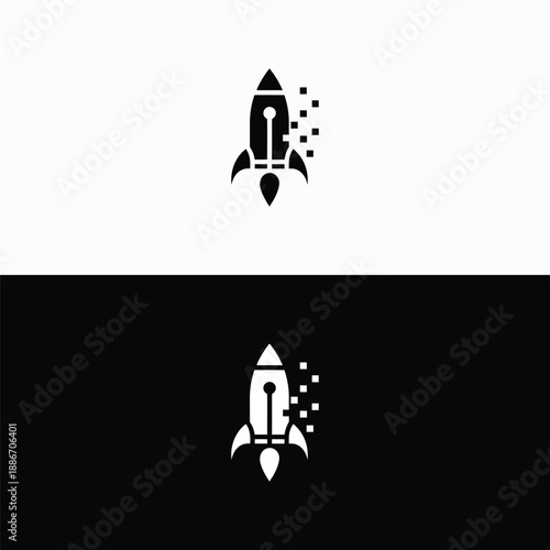 A sleek black rocket icon with a white accent and pixelated exhaust trail symbolizes rapid digital launch and innovative technological advancement.