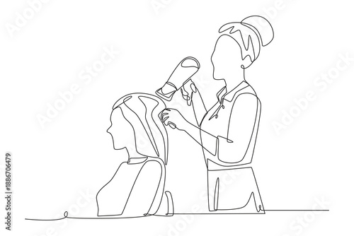 Woman is drying her hair. Salon concept one-line drawing