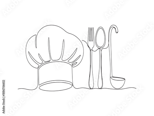 Sketch of a classic chef's hat with cooking utensils on a simple white background illustration