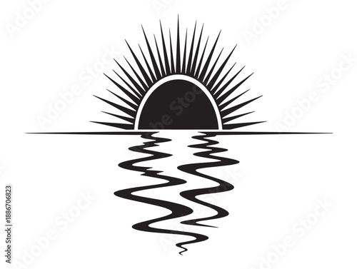 Minimalist black and white illustration of a sun rising over water with a reflective ripple effect