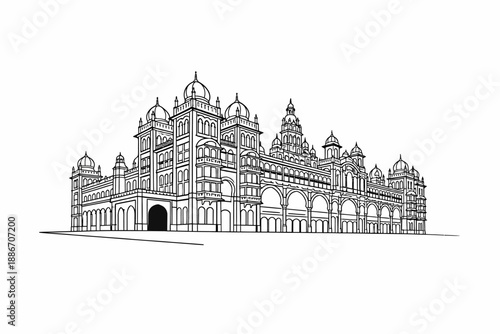 Mysore Palace Karnataka Line Art Illustration, Detailed Black and White Drawing of Famous Indian Royal Palace with Domes, Towers, Arches and Ornate Indo-Saracenic Architecture	