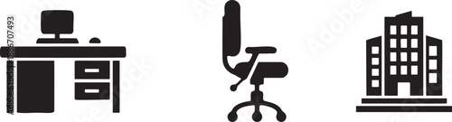 Office Desk Office Chair and Office Building Icons