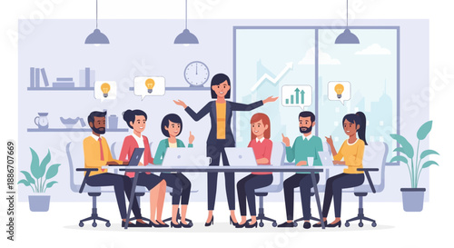 Business professionals engaged in a collaborative meeting around a table with a leader presenting ideas in a modern office setting from a high viewpoint