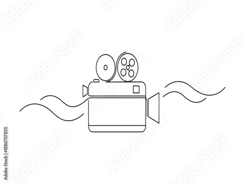 Vintage super 8 film camera sketch with film strip flowing out of it artistic line drawing