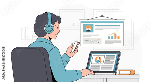 Business professional working on laptop with presentation on screen and graphs on display board in office setting from behind viewpoint B