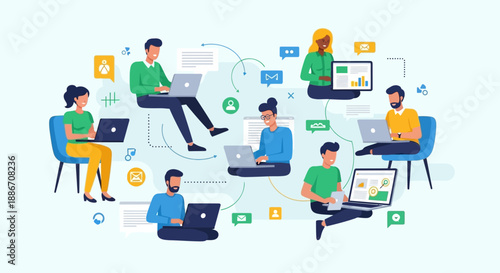 Business professionals collaborating on laptops in a modern office environment from an overhead viewpoint, B (32).eps reference