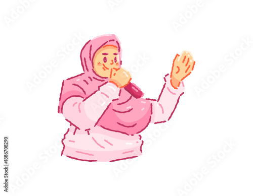 Illustration of a female religious teacher giving a lecture. A Muslim woman teaching about religion. A woman wearing a pink hijab. Giving a speech, presenting, giving a lecture, praying. 