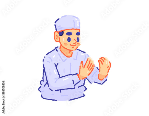 Illustration of a boy praying. Wearing songkok and koko shirt. Muslim child. Prayer gesture or pose. Cute, handsome, and funny male character. Flat design, outline, crayon style. White background.