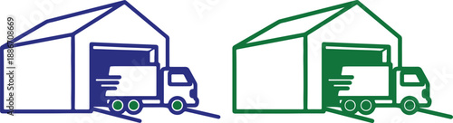 Truck and warehouse loading and unloading process in a simple line style