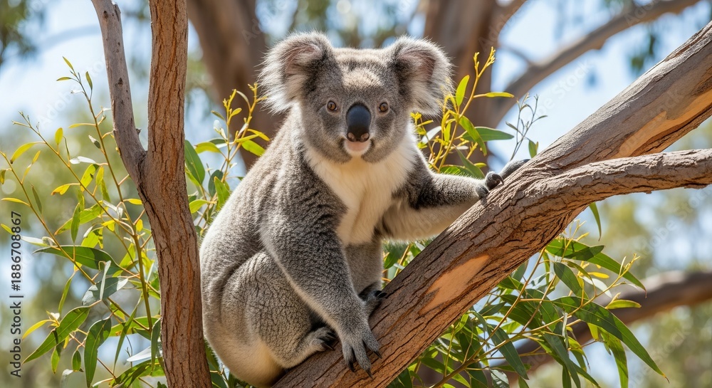 Obraz premium Koala resting on a eucalyptus tree branch, showing fluffy fur and round ears. An iconic marsupial native to Australia, known for its calm behavior and arboreal lifestyle.