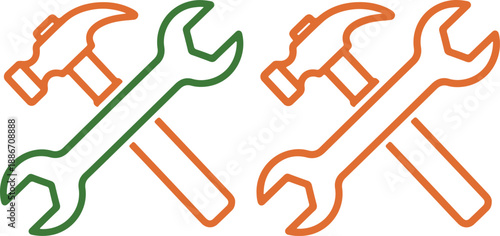 Colorful crossed wrench and hammer icons in green and orange hues