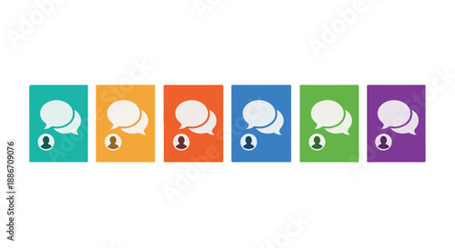 colorful chat and people icons in speech bubbles on white background