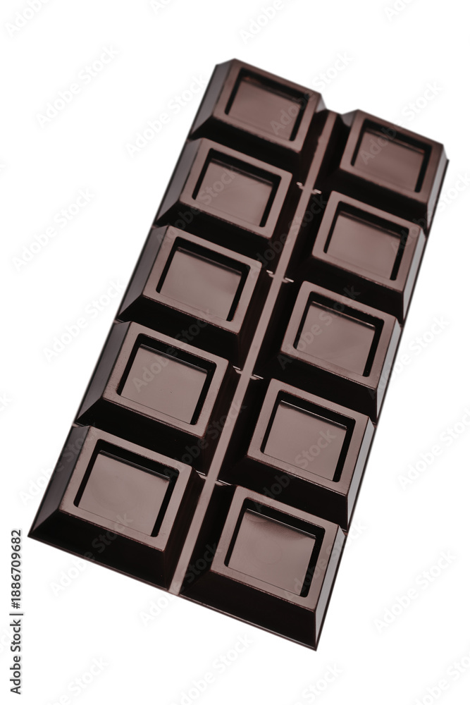Obraz premium Dark chocolate bar with glossy square segments isolated, diagonal composition, clean product image for packaging, branding and advertising use.