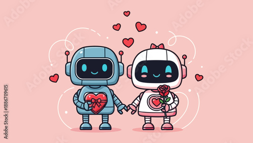 Cute robot couple holding hands with gifts, surrounded by hearts on a pink background.