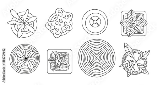 Vector Top View Architectural Floor Plan Symbols Featuring Potted Plants and Rugs Line Art