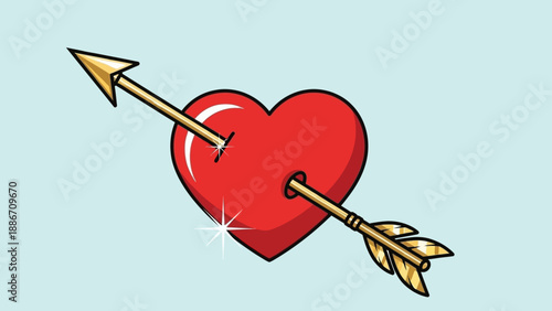 Red heart pierced by a golden Cupid's arrow illustration.