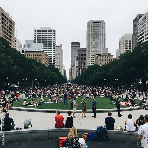 Large crowd gathers for an outdoor event in a city park surrounded by tall buildings