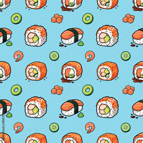 Japanese food pattern background, sushi sashimi ramen cute icon seamless pattern. Sushi roll japan street fast food with seafood and rice salmon and cheese vector